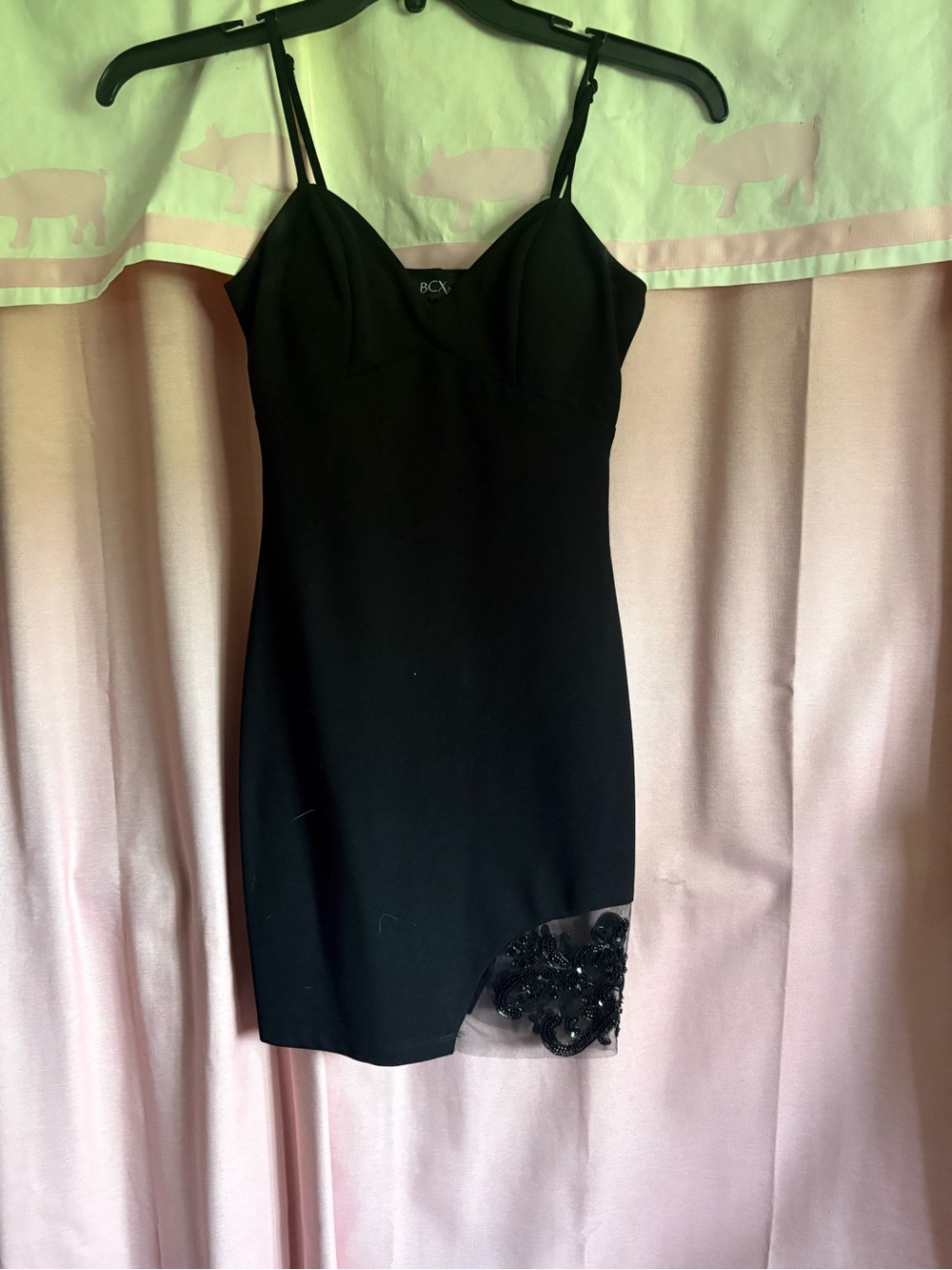BCX Black Spaghetti Strap Mini Dress with Lace Applique